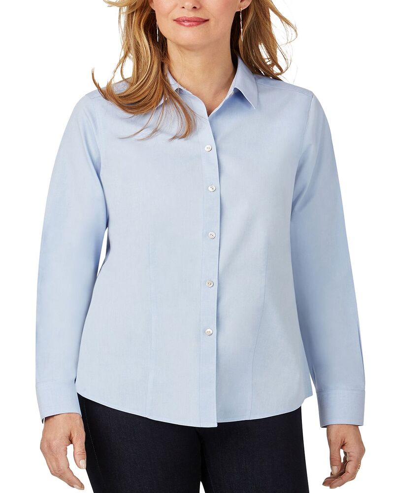 フォックスクラフト レディース トップス シャツ コットン Foxcroft Dianna Cottonon-Iron Shirt Blue Wavee ブルー｜ReVida 店