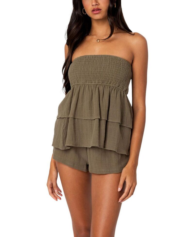 アディクテッド レディース トップス シャツ フリル リネン Edikted Harleigh Ruffled Linen Look Tube Top Olive オリーブ 9,865円