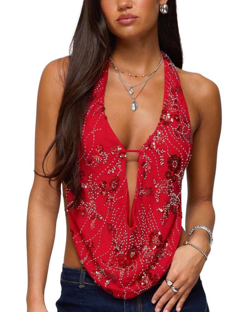 アディクテッド レディース トップス シャツ シフォン 背中開き Edikted Beaded Chiffon Backless Cowl Neck Top Red レッド