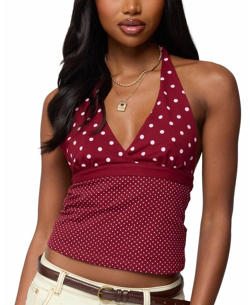 アディクテッド レディース トップス シャツ ドット柄 ドット ホルター Edikted Ginny Mixed Polka Dot Halter Top Burgundy バーガンディ