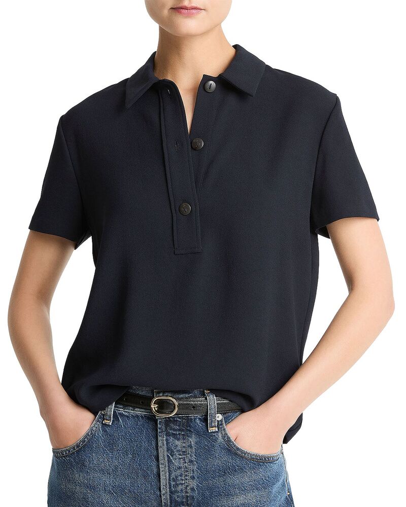 ヴィンス レディース トップス スポーツシャツ 縮緬 Vince Crepe Short Sleeve Polo Coastal Blue 青碧