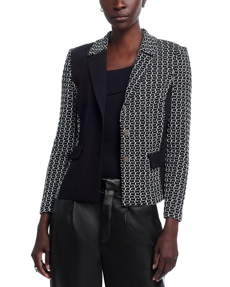 ミソック レディース アウター ジャケット・ブルゾン ツイード ブレザー ニット Misook Mixed Media Tweed Knit Blazer Black/White ホワイト｜ReVida 店