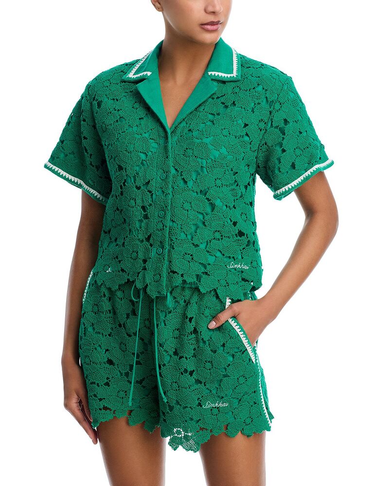 シムカイ レディース トップス シャツ レース SIMKHAI Glen Lace Camp Shirt Kelly Green グリーン｜ReVida 店