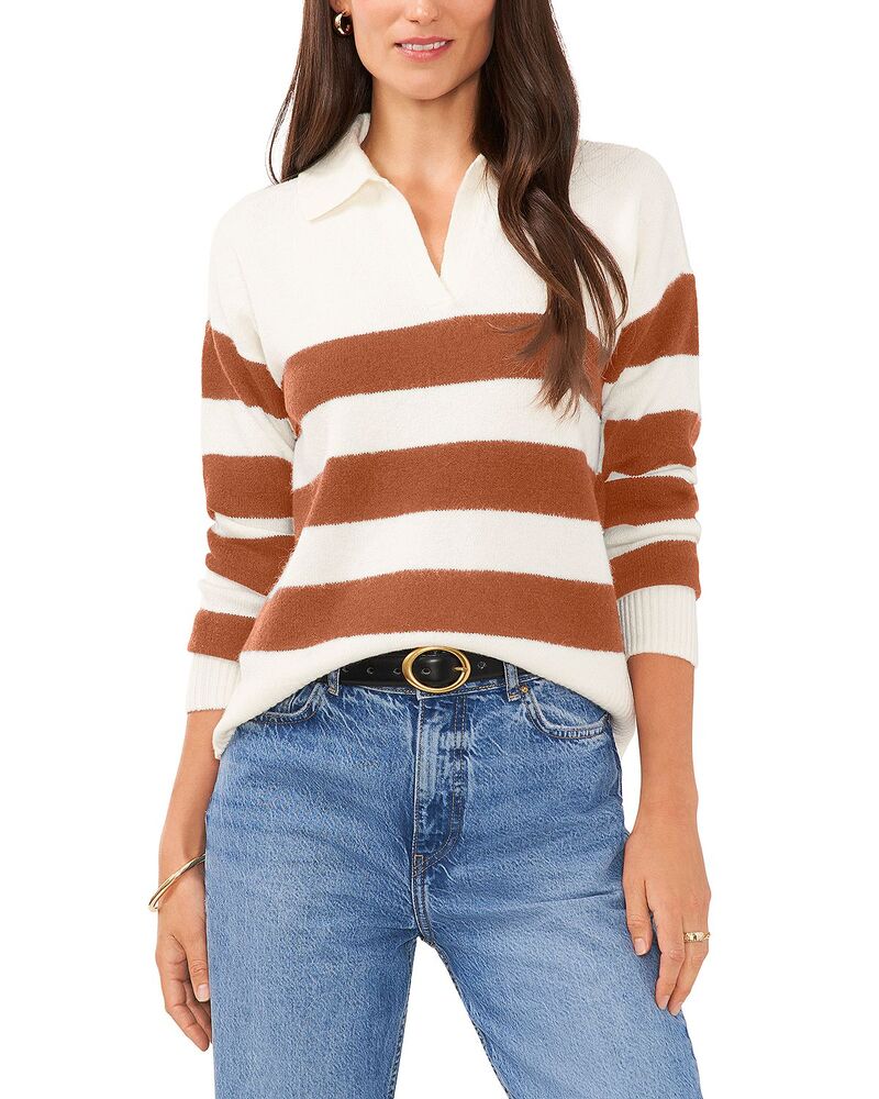 ヴィンスカムート レディース トップス ポロシャツ VINCE CAMUTO Striped Long Sleeve Polo Shirt Antique White/Cocoa ホワイト