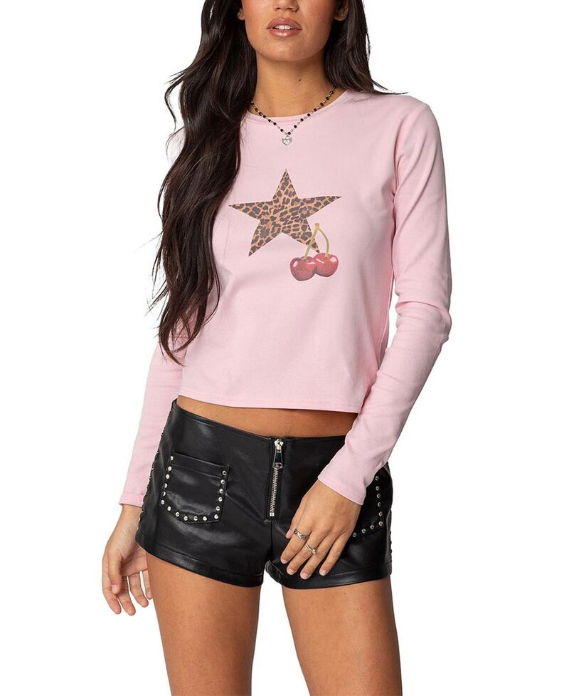 アディクテッド レディース トップス シャツ Edikted Cherry Leopard Star Long Sleeve T Shirt Pink ピンク｜ReVida 店
