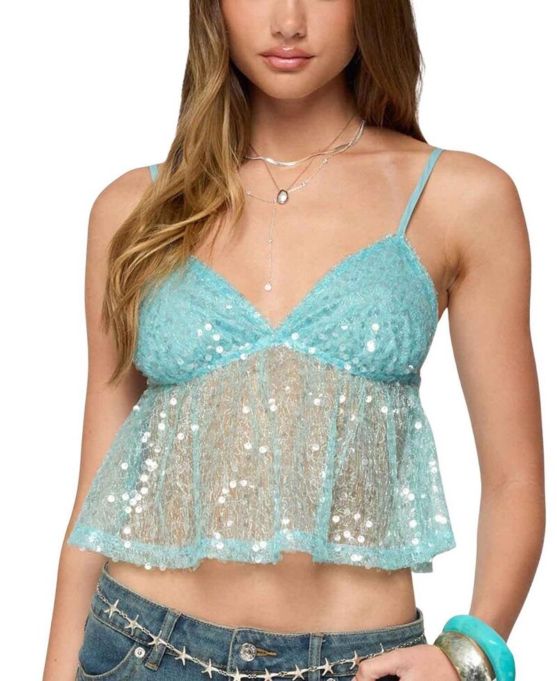 アディクテッド レディース トップス 貯蔵タンクいの一番 シアー スパンコール Edikted Sheer Sequin Babydoll Tank Top Turquoise 藍緑色 トップス-タンクトップ
