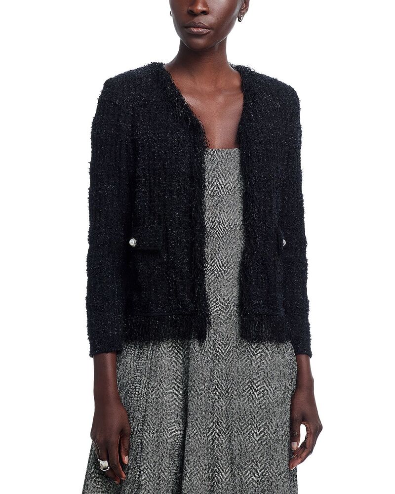 ミソック レディース アウター ジャケット・ブルゾン ニット フリンジ Misook Eyelash Fringe Trim Knit Jacket Black ブラック｜ReVida 店