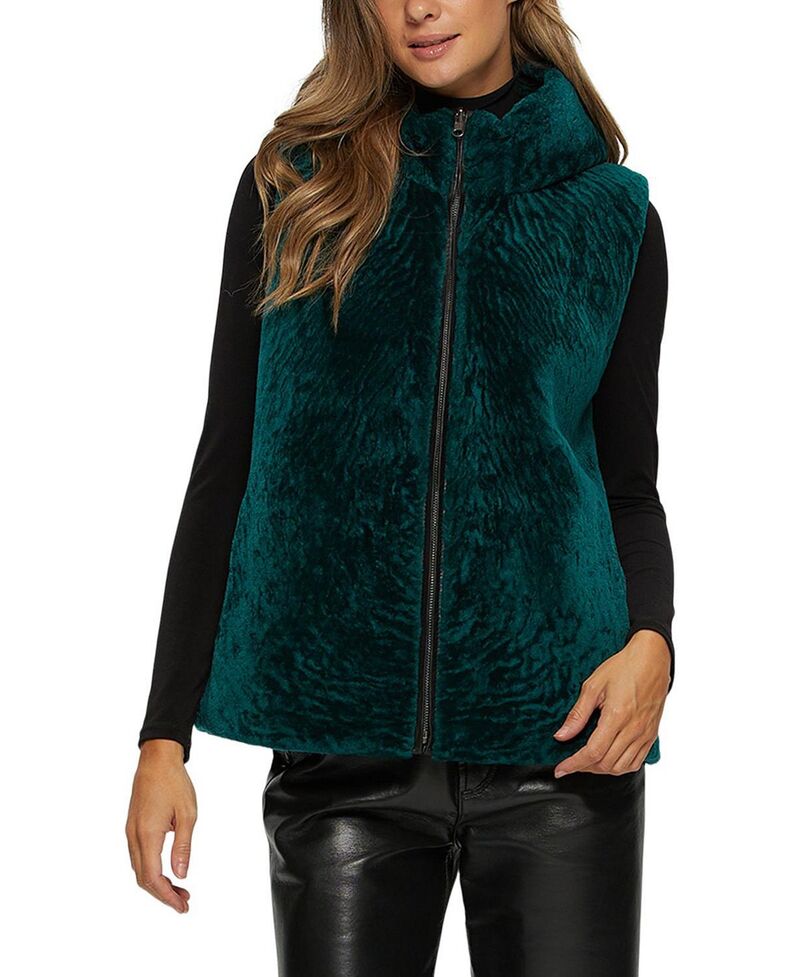 ゴルスキ レディース アウター ベスト Gorski Shearling Lamb Zip Vest Hooded Reversible To Taffeta Emerald/Black ブラック|ReVida 店