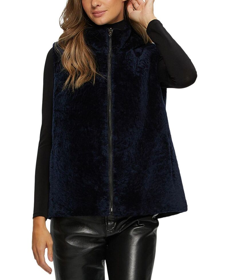 ゴルスキ レディース アウター ベスト Gorski Shearling Lamb Zip Vest Hooded Reversible To Taffeta Navy/Black ブラック|ReVida 店