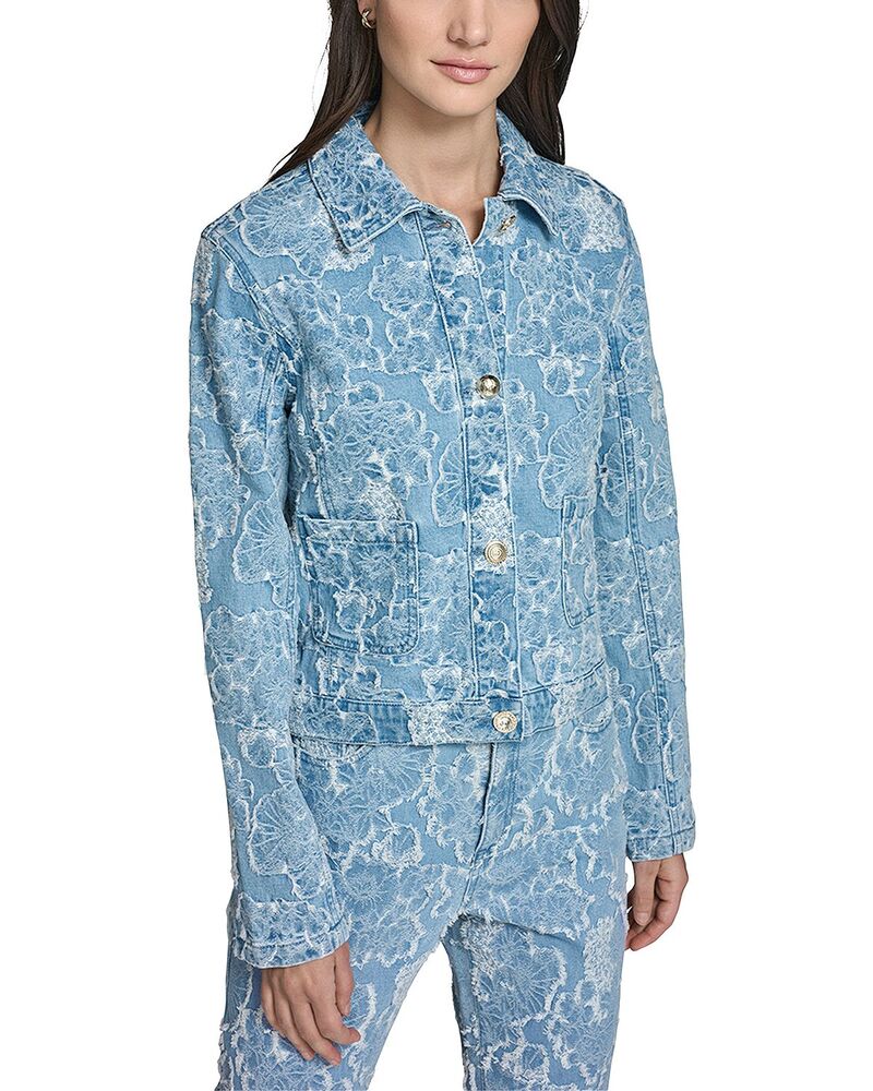 長い巻き毛 ラガーフェルド レディース アウター 上衣・上衣 御花柄 ジーンズ 御花 KARLAGERFELD PARIS Floral Denim Jacket Sky Blue 青色