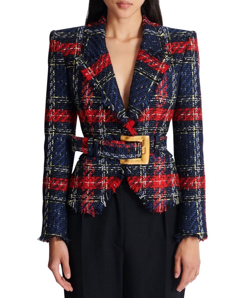 バルマン レディース アウター 上衣・上衣 ツィード Balmain Belted Plaid Tweed Jacket Red 赤いこと