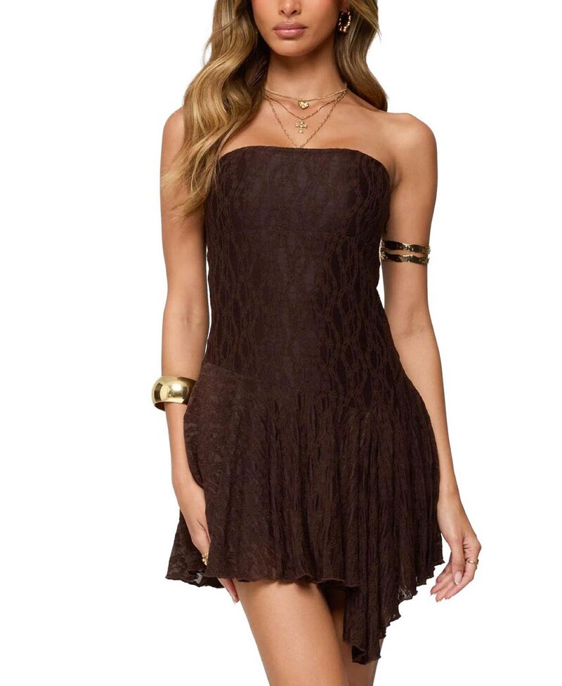 アディクテッド レディース トップス ワンピース アシンメトリー ミニ ストラップレス レース Edikted Elaiasymmetric Strapless Lace Mini Dress Brown ブラウン