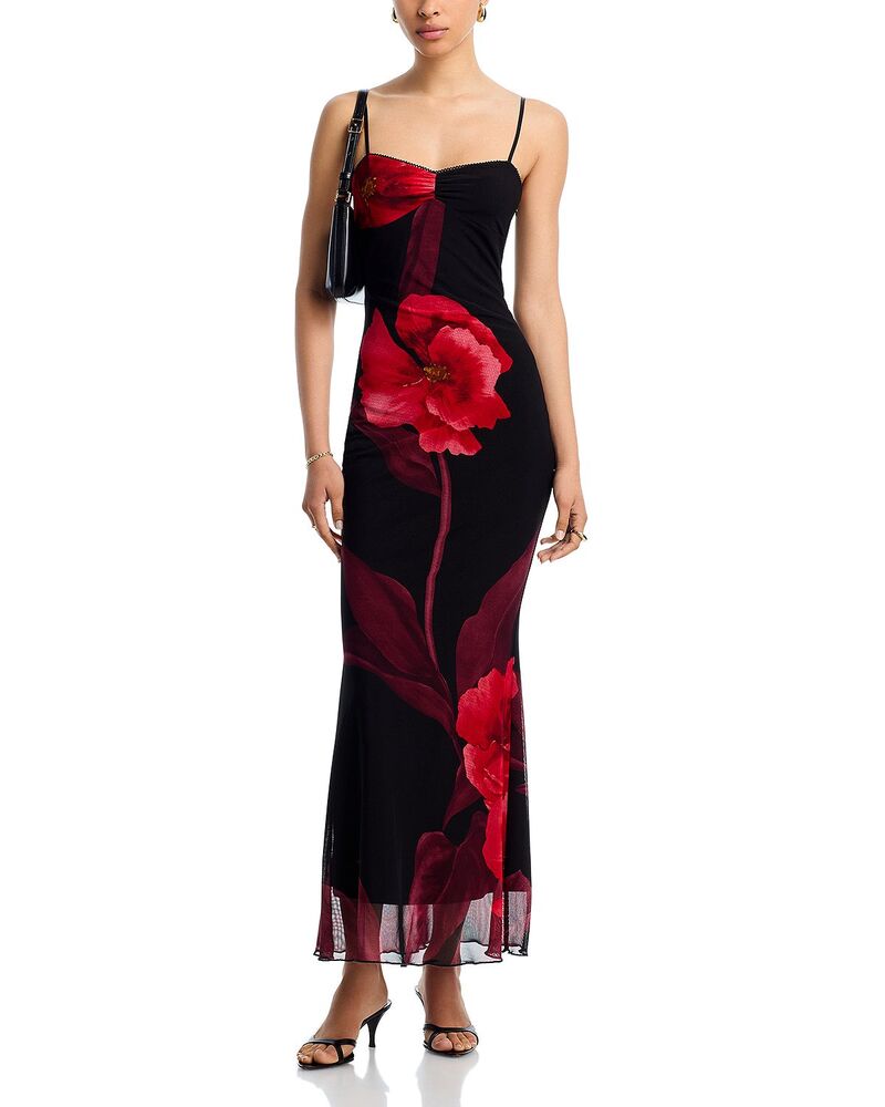 アクア レディース トップス ワンピース メッシュ マキシ AQUA Mesh Maxi Dress - Exclusive Red Floral レッド