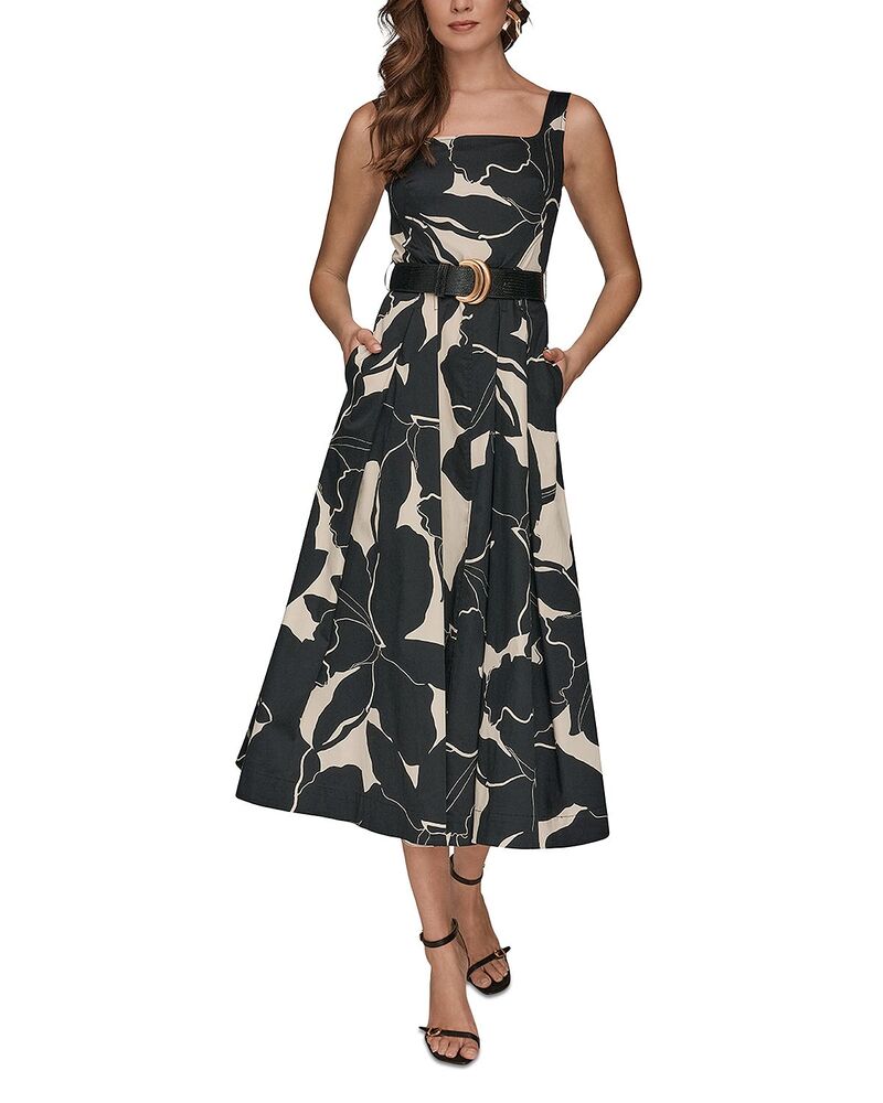 ダナキャラン レディース トップス 衣装 midi ノースリーブ Donna Karan Sleeveless Belted Midi Dress Balck/ Parchment