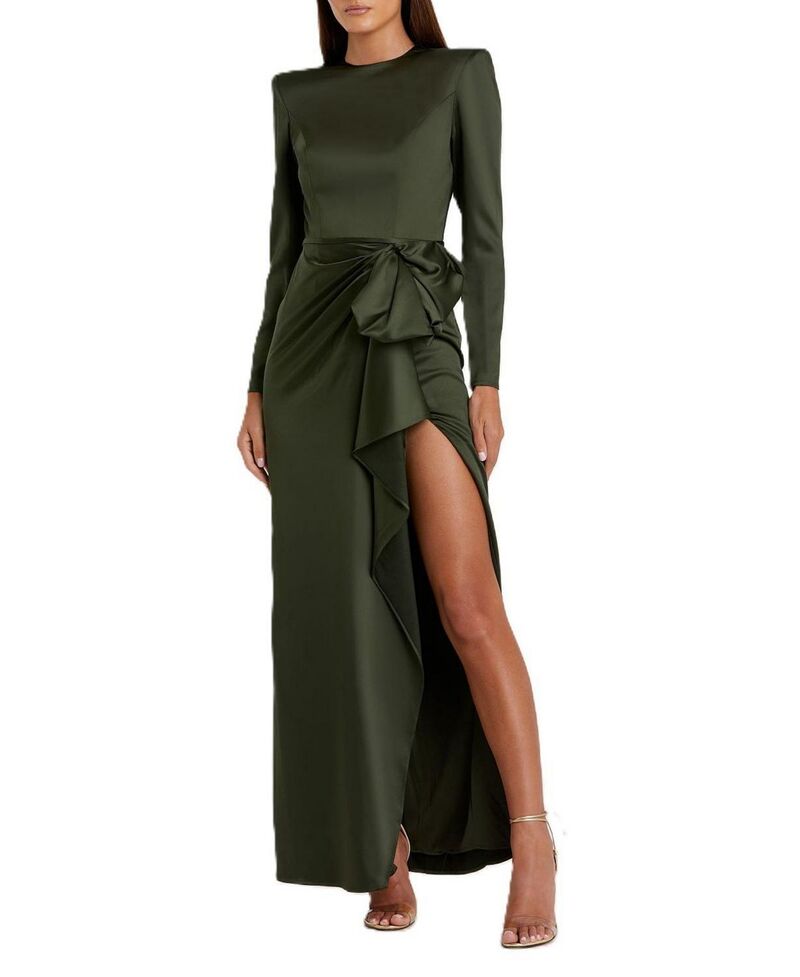 マックダガル レディース トップス 衣装 ドレープ Mac Duggalong Sleeve Structured Bow Draped Gown Olive オリーブ