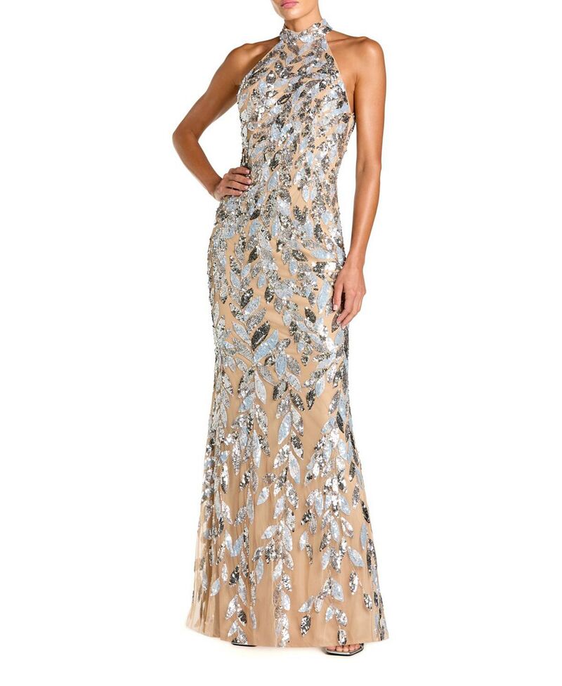 マックダガル レディース トップス ワンピース オープンバック スパンコール ホルター Mac Duggal Sequin Halter Column Gown with Open Back Silver Nude シルバー