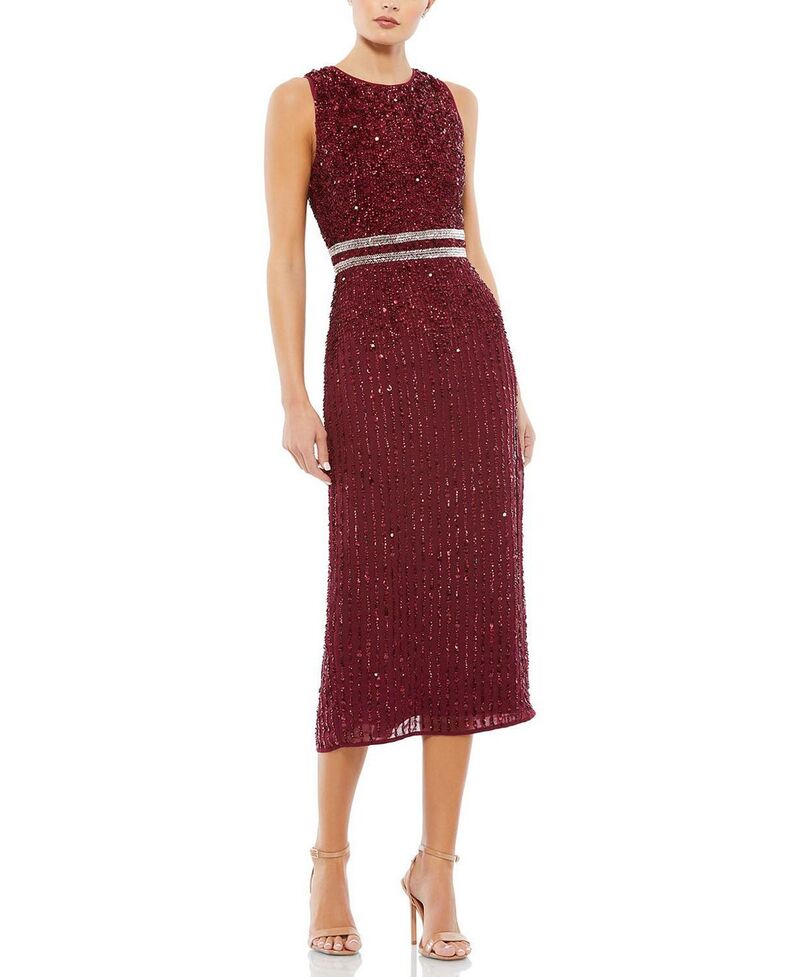 マックダガル レディース トップス ワンピース ハイネック ミディ ノースリーブ Mac Duggal Sleeveless High Neck Beaded Midi Sheath Dress Burgundy バーガンディ 49,680円