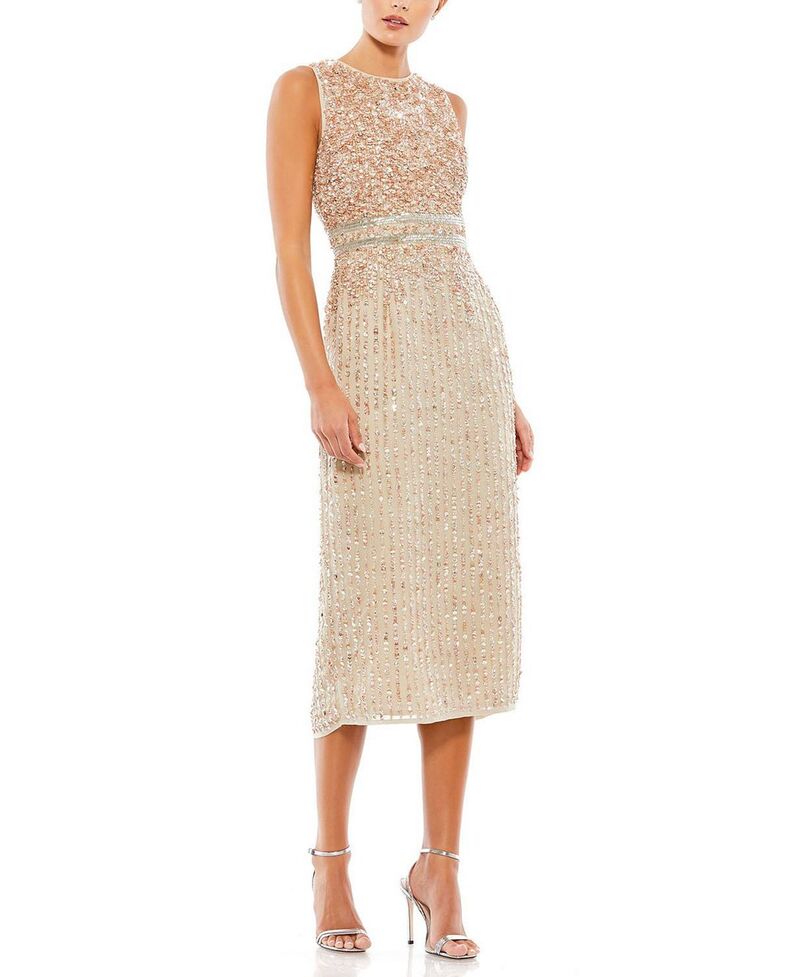 マックダガル レディース トップス ワンピース ハイネック ミディ ノースリーブ Mac Duggal Sleeveless High Neck Beaded Midi Sheath Dress Nude｜ReVida 店