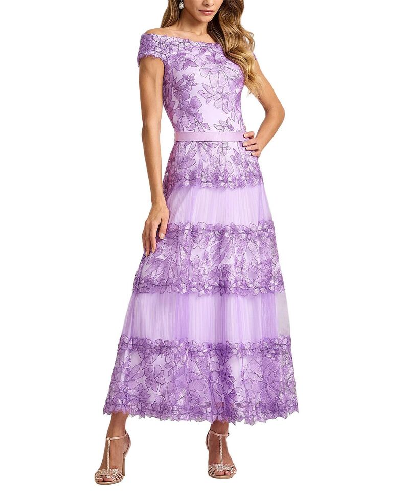 タダシショージ レディース トップス ワンピース フラワー柄 刺繍 フラワー Tadashi Shoji Adriane Floral Embroidered Tea-Length Dress Purple Haze パープル｜ReVida 店