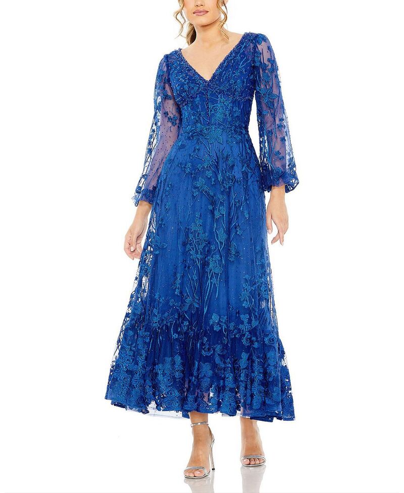 マックダガル レディース トップス ワンピース A ライン メッシュ Mac Duggal Puff Sleeve A Linembellished Mesh Dress Royal