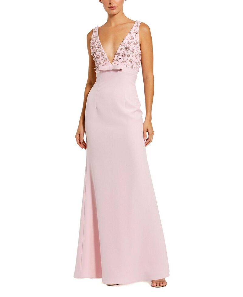マックダガル レディース トップス ワンピース Vネックレープ ノースリーブ Mac Duggal Crepe Sleeveless Beaded V Neck Gown with Bow Blush ブラッシュ