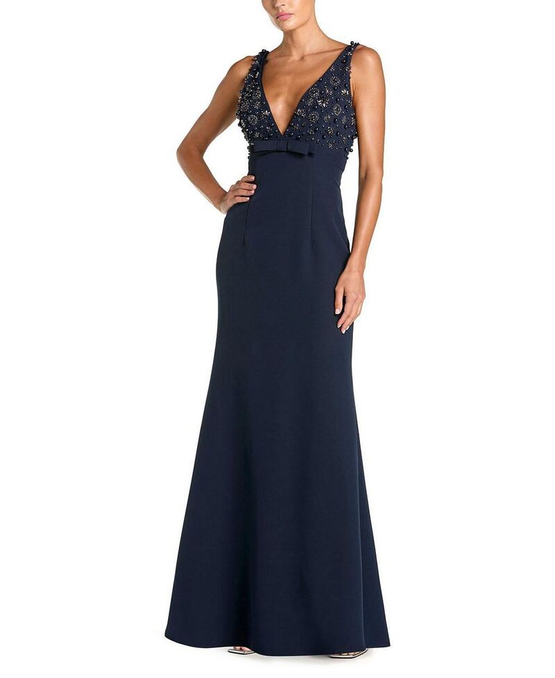 マックダガル レディース トップス ワンピース Vネックレープ ノースリーブ Mac Duggal Crepe Sleeveless Beaded V Neck Gown with Bow Midnight