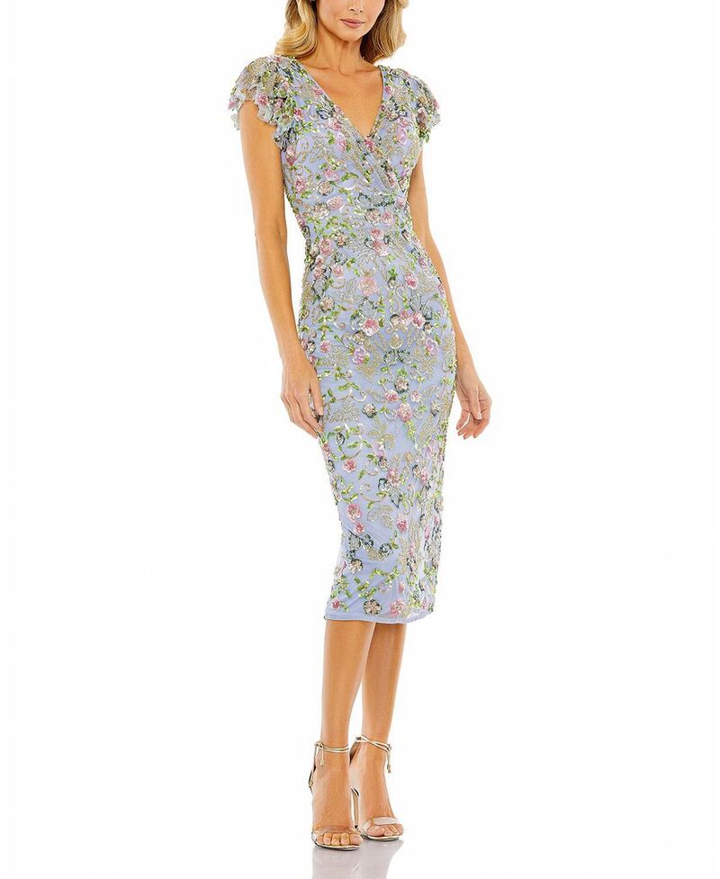 マックダガル レディース トップス ワンピース フラワー柄 キャップ フラワー Mac Duggal Floral Embellished Flutter Cap Sleeve Dresslate Blue Multi スレート