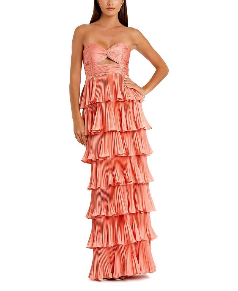 マックダガル レディース トップス ワンピース ティアード プリーツ フリル ストラップレス Mac Duggal Pleated Charmeuse Strapless Tiered Ruffle Gown Terra Cotta