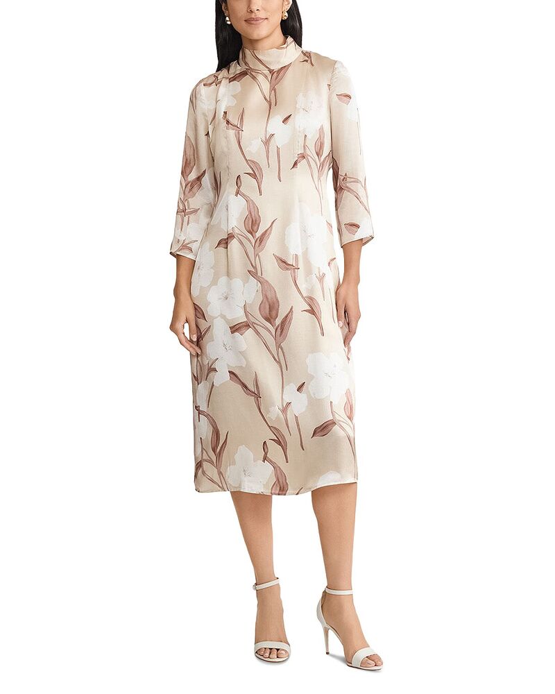ミソック レディース トップス ワンピース フラワー柄 プリント ミディ シルク フラワー Misook Floral Print Silk Midi Dress Biscotti/Charmeuse/White ホワイト｜ReVida 店
