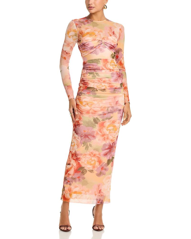 アクア レディース トップス ワンピース メッシュ ミディ AQUA Mesh Long Sleeve Midi Dress - Exclusive Coral Multi コーラル