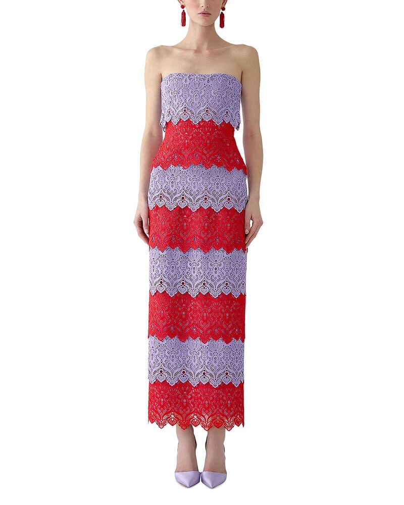 キャロライナヘレラ レディース トップス ワンピーストラップレス スピード競技 Carolina Herrera Strapless Lace Dress Herrera Red Multi 赤いこと