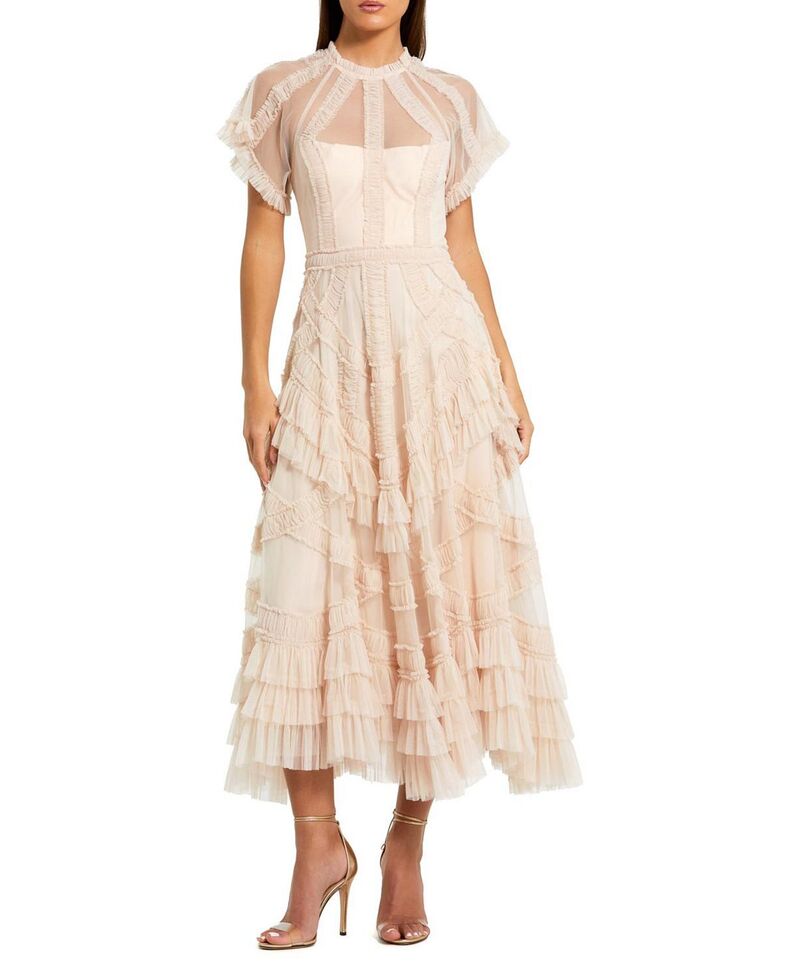 マックダガル レディース トップス ワンピース フリル メッシュ ミディ Mac Duggal Flutter Sleeve Mesh Midi Dress with Micro Ruffles Blush ブラッシュ｜ReVida 店