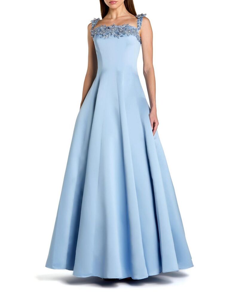 マックダガル レディース トップス ワンピース サテン Mac Duggal Satin Beaded Off The Shoulder Ballgown Slate Blue スレート｜ReVida 店