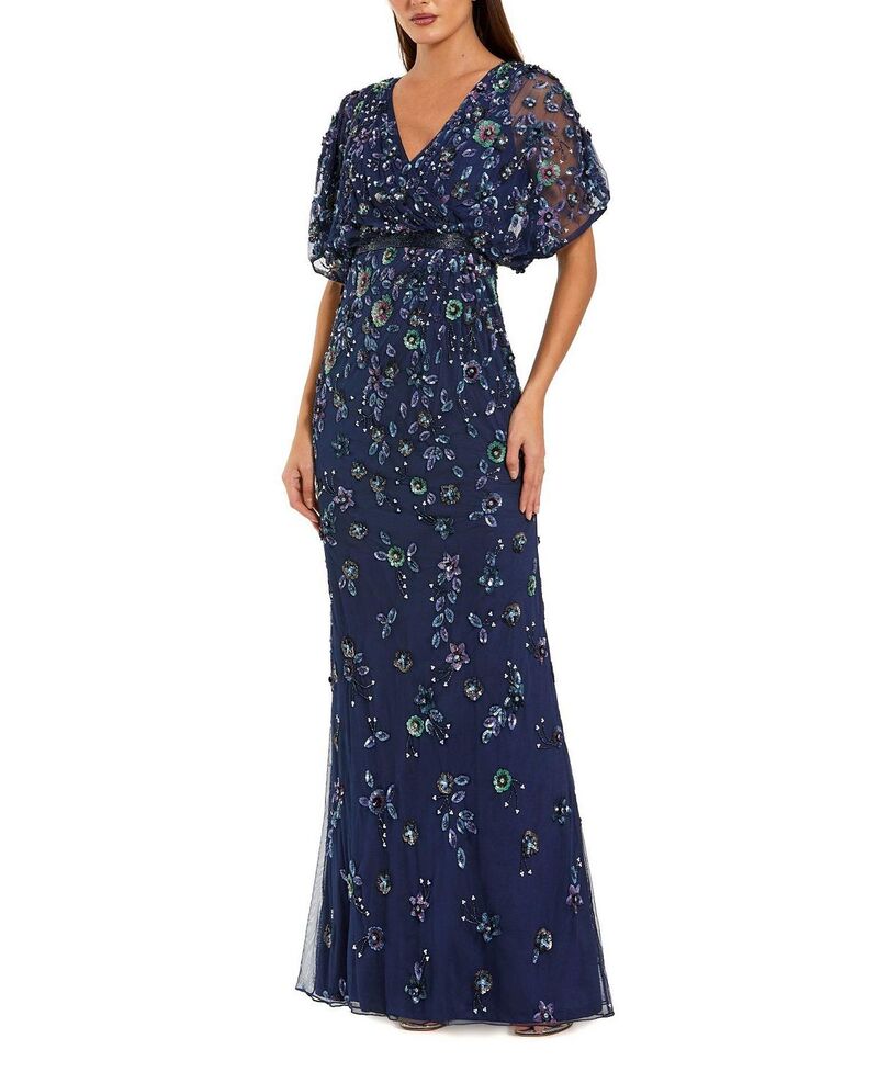 マックダガル レディース トップス ワンピース フラワー柄 フラワー Mac Duggal Floral Embellished Short Sleeve Blouson Gownavy ネイビー