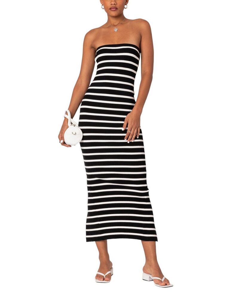 アディクテッド レディース トップス 衣装 編み物 マキシ Edikted Knit Back Slitted Maxi Dress Black And White 白いこと