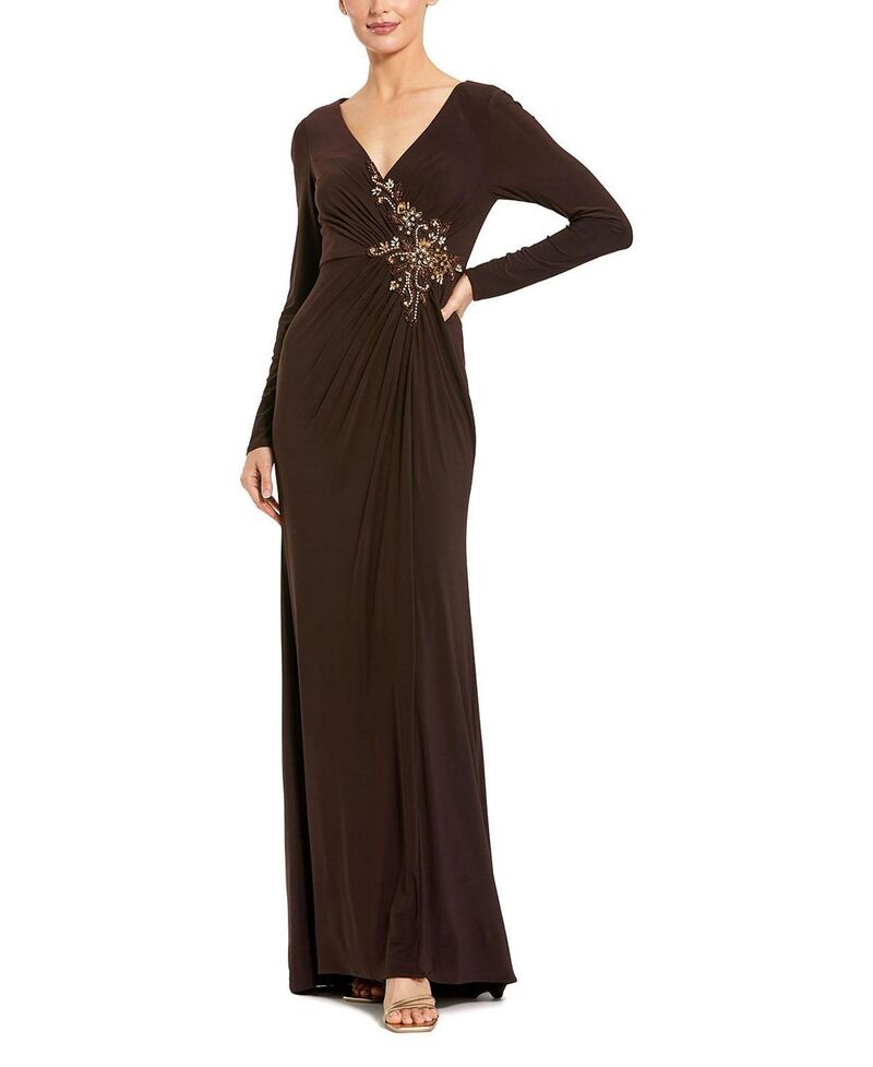 マックダガル レディース トップス ワンピース Mac Duggal Faux Wrap Long Sleeve Gown w/ Applique Detail Chocolate チョコレート