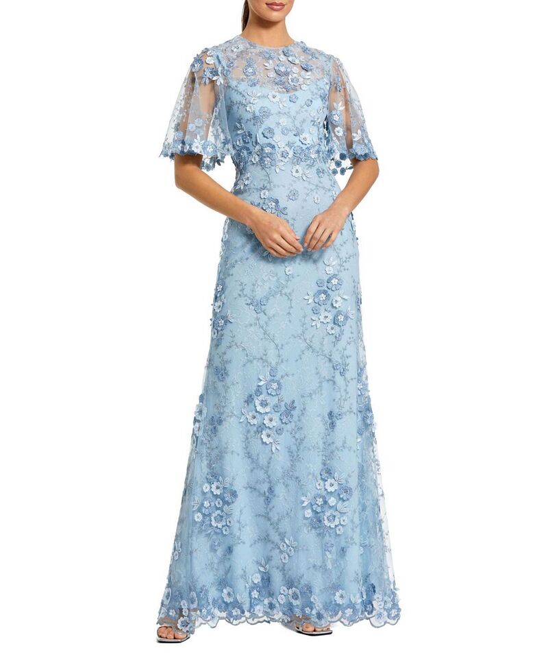 マックダガル レディース トップス ワンピース フラワー柄 刺繍 フラワー Mac Duggal Flutter Sleeve Floral Embroidered Net Gown French Blue ブルー｜ReVida 店