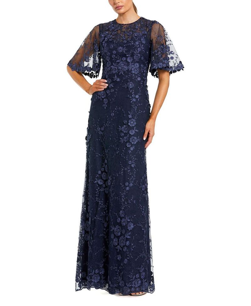マックダガル レディース トップス ワンピース フラワー柄 刺繍 フラワー Mac Duggal Flutter Sleeve Floral Embroidered Net Gown Midnight