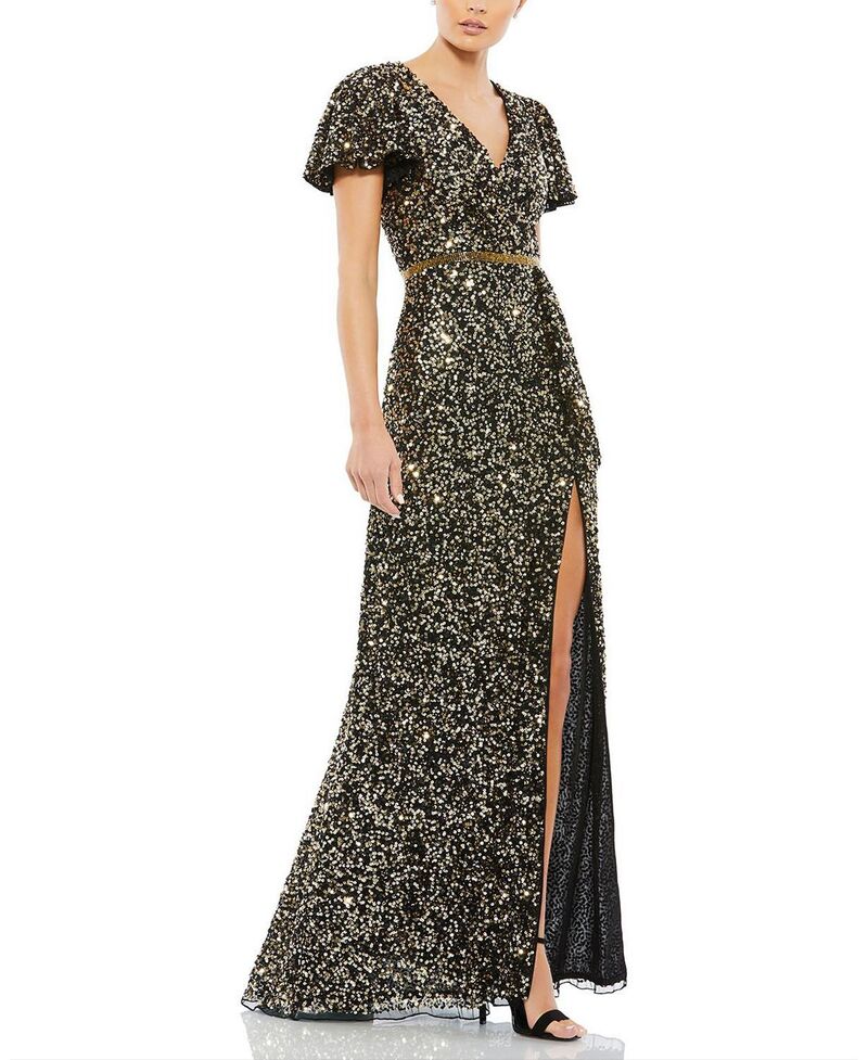 マックダガル レディース トップス ワンピース ドレープ スパンコール Mac Duggal Sequined Wrap Over Butterfly Sleeve Draped Gown Black Gold ブラック