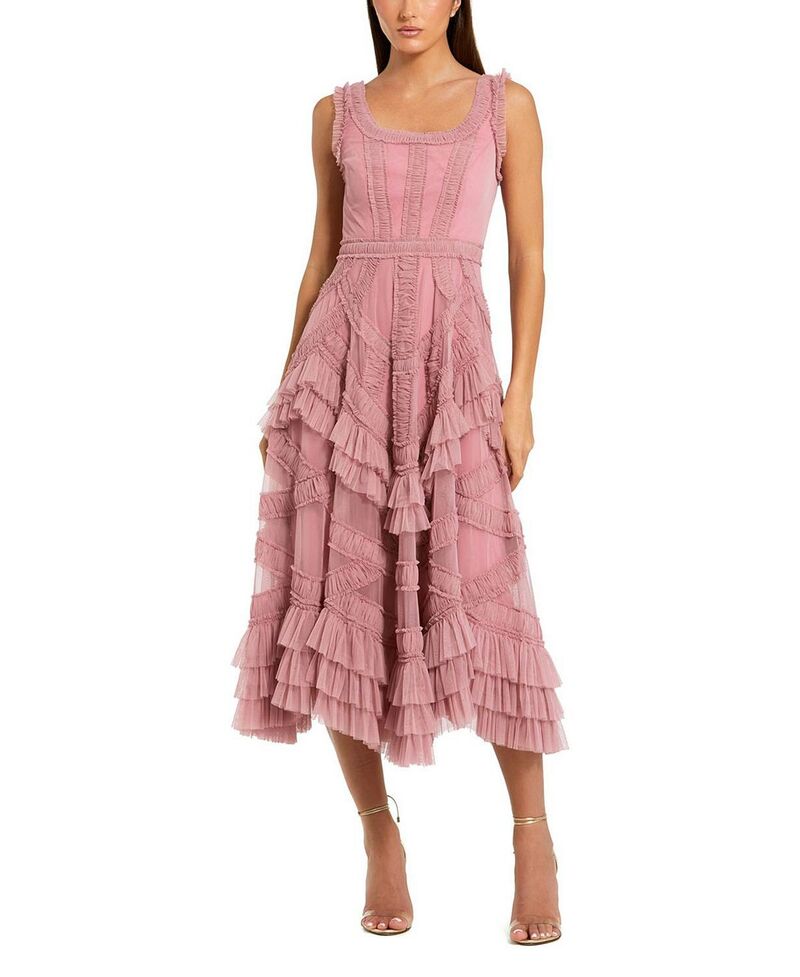 マックダガル レディース トップス ワンピース フリル メッシュ ミディ ノースリーブ Mac Duggal Scoop Neck Sleeveless Mesh Micro Ruffle Midi Dress Antique Rose