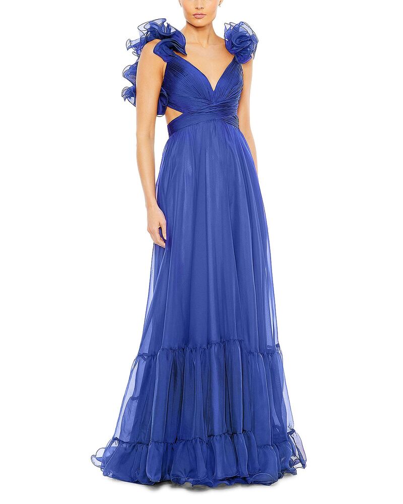 マックダガル レディース トップス 衣装 ティアード シフォン カットアウト フラウンス Mac Duggal Ruffle Tiered Cut-Out Chiffon Gown Cobalt 青緑色
