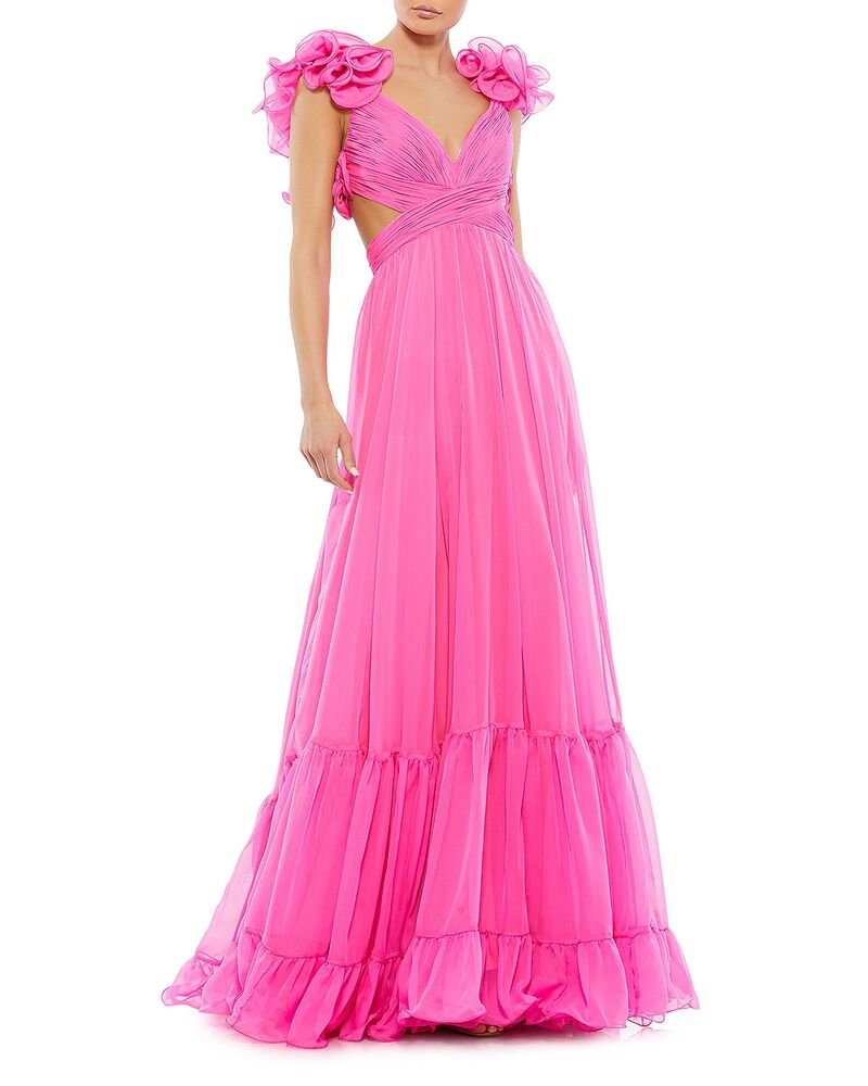 マックダガル レディース トップス 衣装 ティアード シフォン カットアウト フラウンス Mac Duggal Ruffle Tiered Cut-Out Chiffon Gown Hot Pink サクラ色