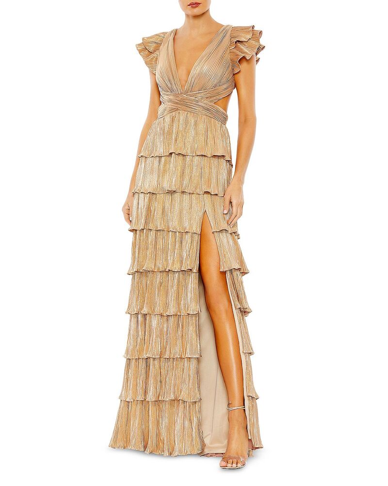 マックダガル レディース トップス ワンピース ティアード フリル レース Mac Duggal Ruffle Tiered Criss Cross Lace Up Gown Gold ゴールド