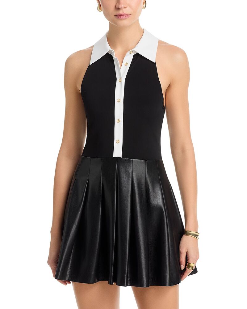 アリスアンドオリビア レディース トップス ワンピース ノースリーブ レザー フェイクレザー Alice and Olivia Tate Faux Leather Sleeveless Dress Black/Off White オフホワイト
