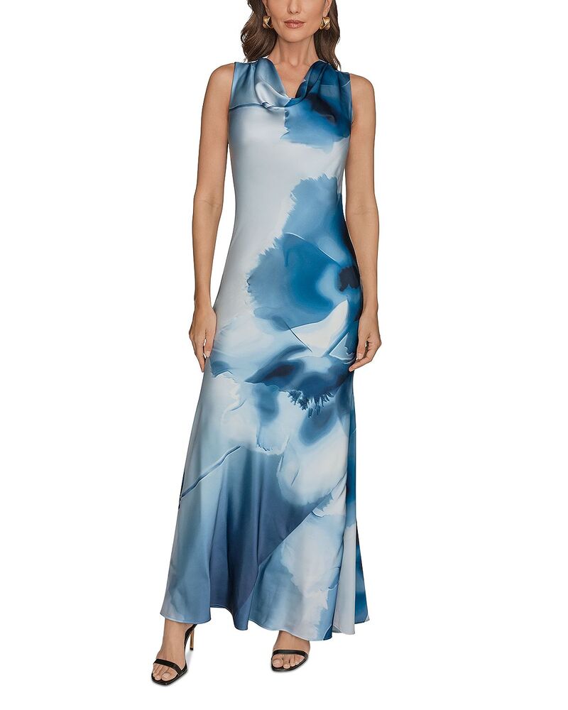 ダナキャラン レディース トップス ワンピース プリント Donna Karan Printed Charmeuse Cowl Neck Gown Washed Indigo インディゴ
