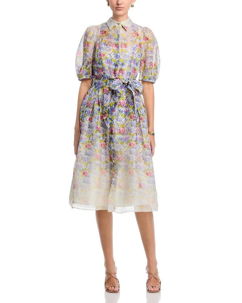 テリジョンバイリッキーフリーマン レディース トップス ワンピース プリント シルク リネン Teri Jon by Rickie Freeman Silk Linen Printed Puff Sleeve Dress PURPLE MULTI パープル