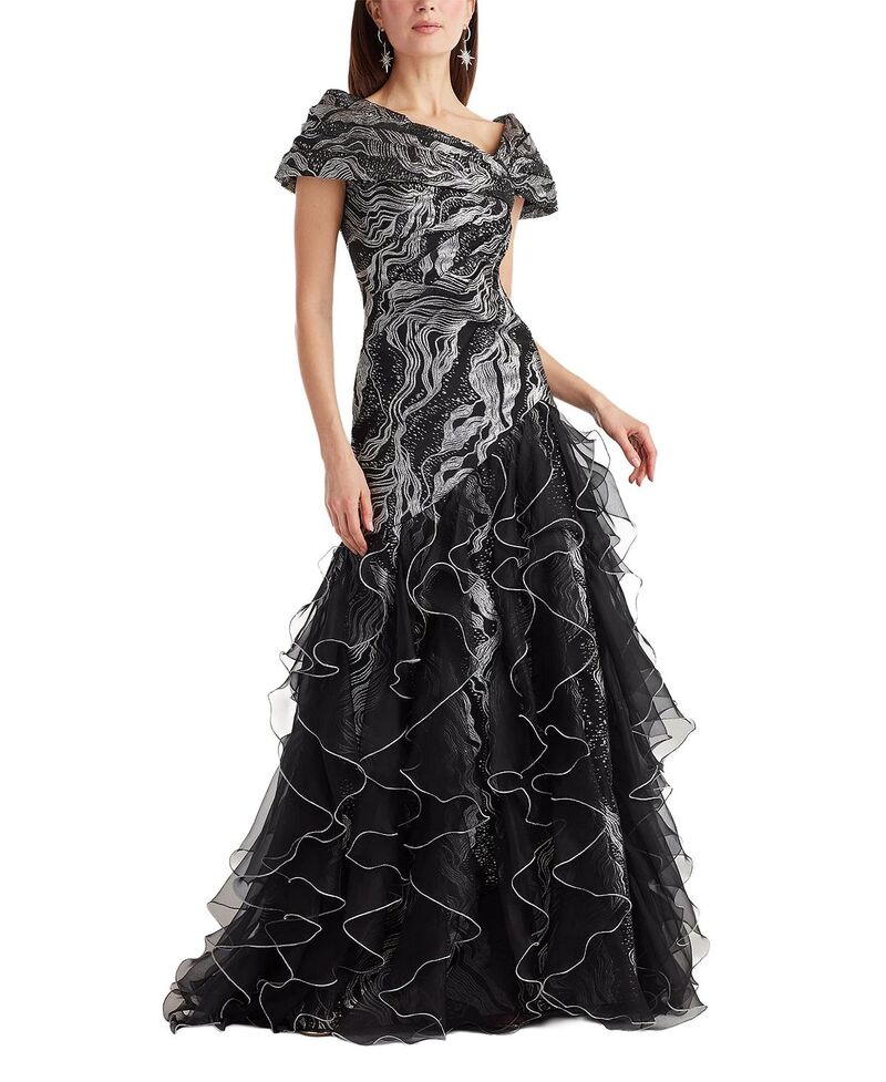 タダシショージ レディース トップス ワンピース フリル Tadashi Shoji Cosmina Stardust Motif Ruffle Gown Silver/Black ブラック