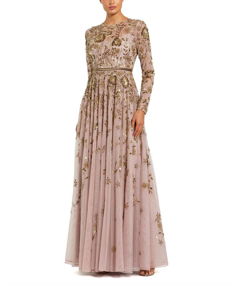 マックダガル レディース トップス ワンピース A ライン フラワー柄 フラワー Mac Duggalong Sleeve Hand Embellished Floral A-line Gown Mocha Multi モカ｜ReVida 店