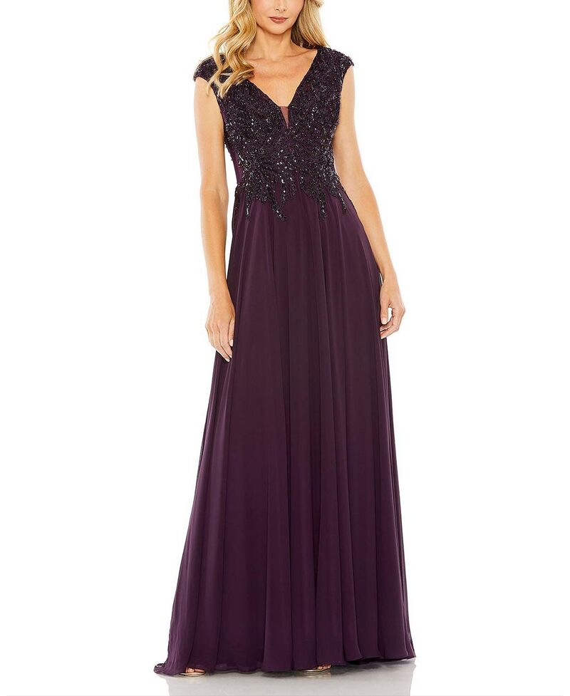 マックダガル レディース トップス ワンピース キャップ Mac Duggal Cap Sleeve Flowy Applique Gown Aubergine オーバージーン