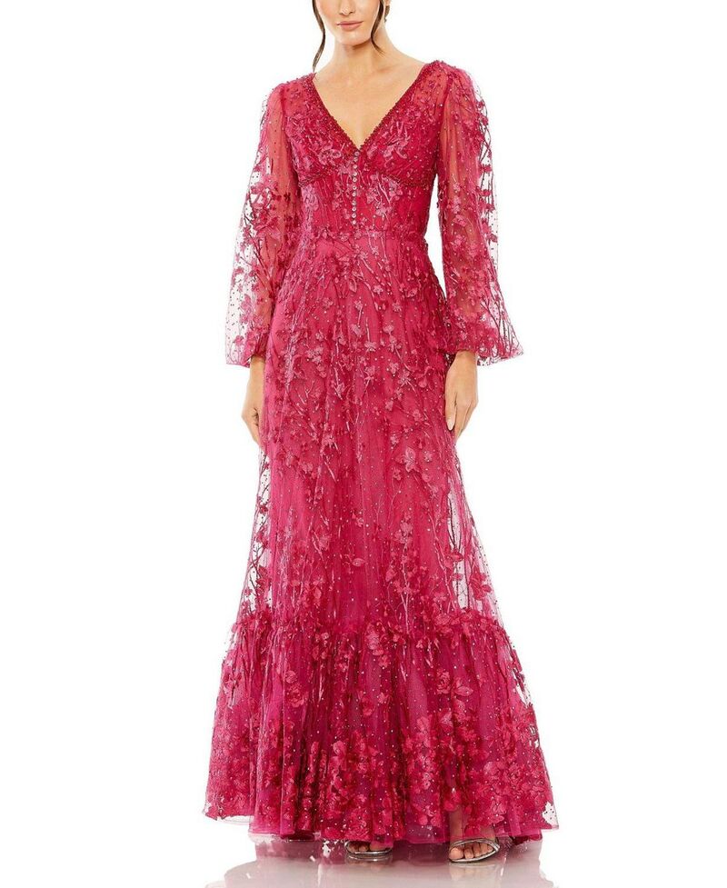 マックダガル レディース トップス ワンピース Vネック A ライン 刺繍 Mac Duggal V Neck Puff Sleeve A Linembroidered Gown Cranberry